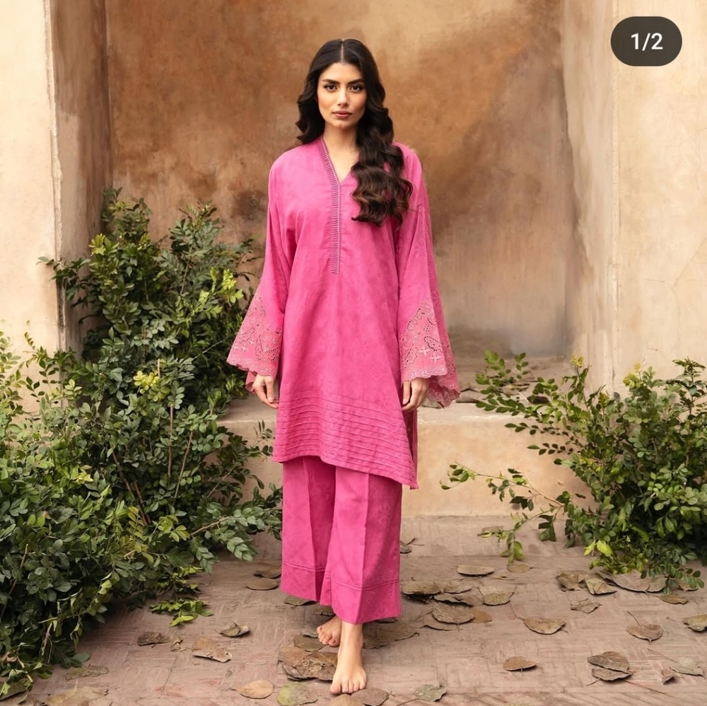 NEW Mehr 2Pc Outfit Rose Pink Lace Trimmed Kurta Tunic Top Straight Leg Pants ML